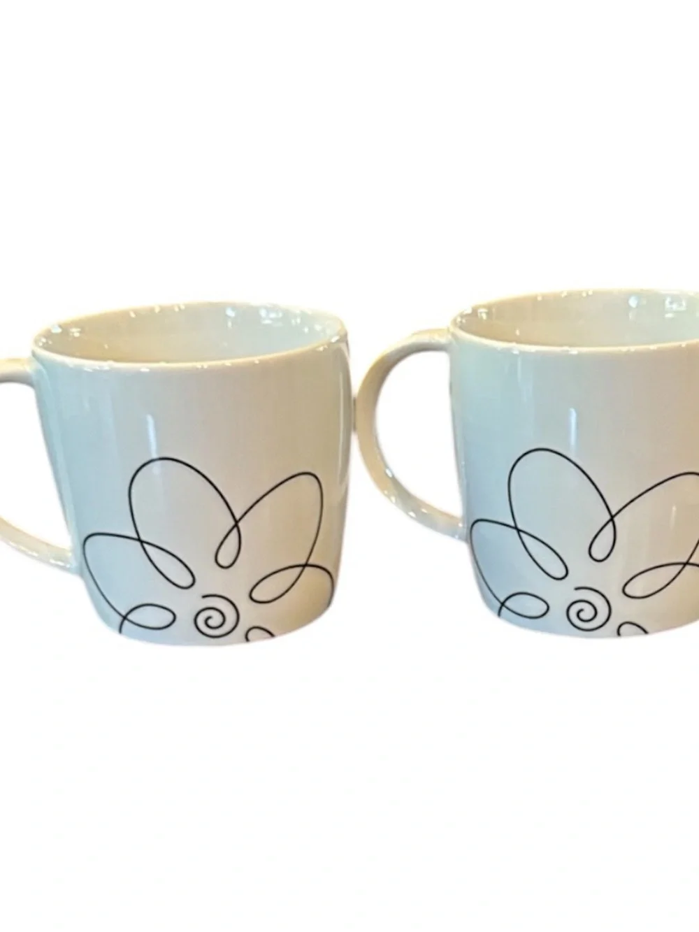 Crate&Barrel White Ceramic Mugs with Black Floral Line Design - Set of 2